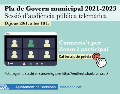 El pròxim dijous 20 de gener, a les 18 hores, es farà la Sessió d’audiència pública per presentar el Pla de Govern municipal 2021-2023.