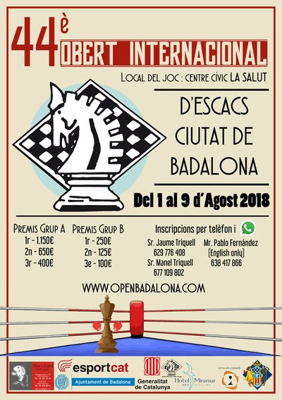 Demà dimecres comença el XLIV Obert Internacional d’Escacs Ciutat de Badalona - VII Memorial Miquel Castellà i Gili.