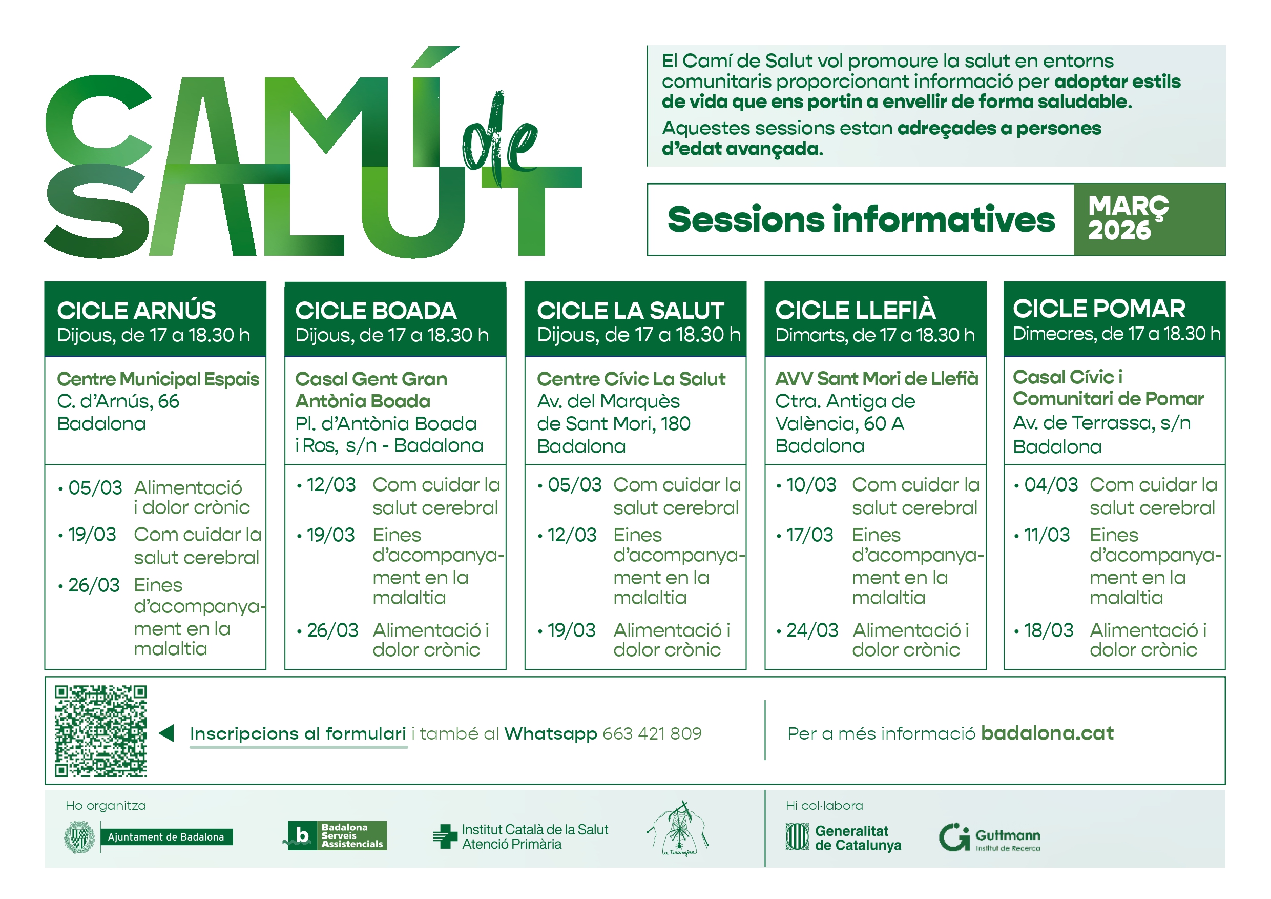 Cartell amb les activitats del cicle de sessions "Camí de Salut" - Març 2025