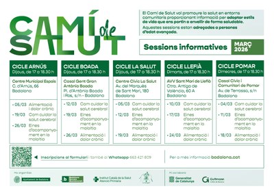 Cartell amb les activitats del cicle de sessions "Camí de Salut" - Març 2025.