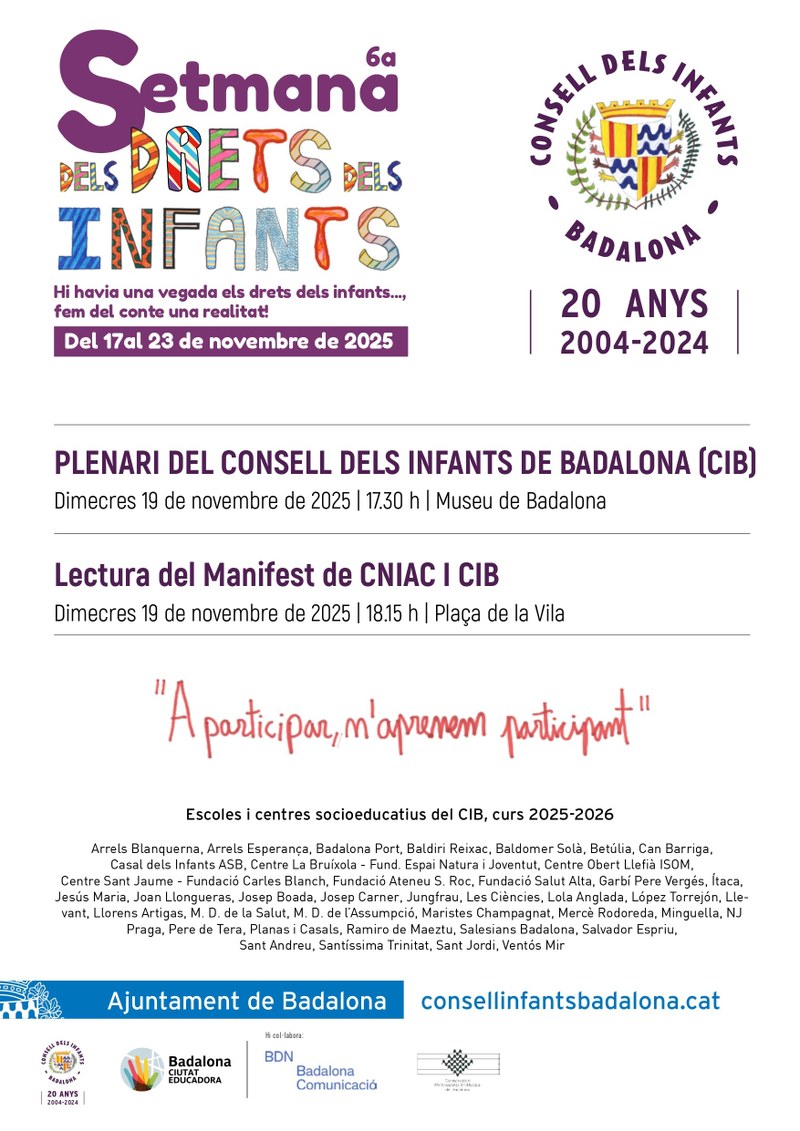 Cartell de les activitats del Consell dels Infants de Badalona amb motiu del Dia Internacional dels Drets dels Infants