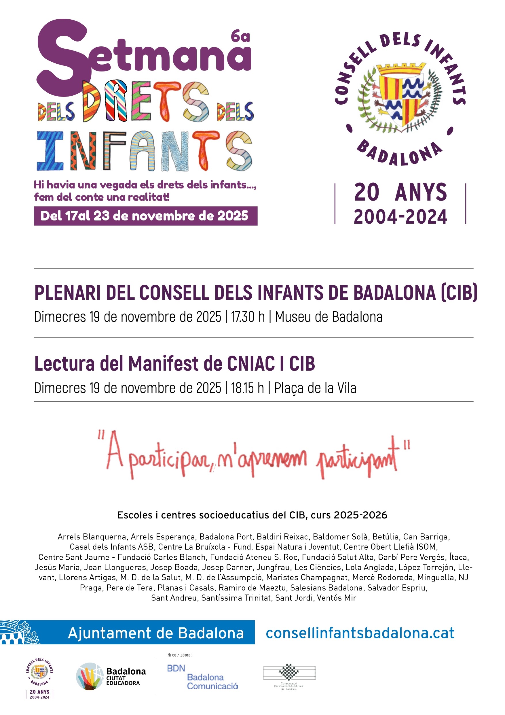 Cartell de les activitats del Consell dels Infants de Badalona amb motiu del Dia Internacional dels Drets dels Infants