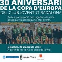 L’Ajuntament de Badalona ofereix aquest dissabte, 20 d’abril, un homenatge a l’equip del Club Joventut Badalona que fa 30 anys va guanyar la Copa d’Europa