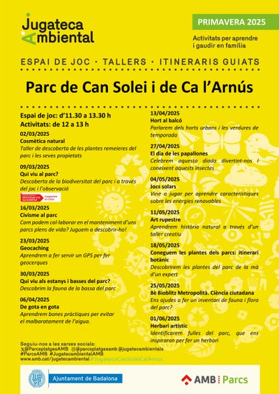 Programació cicle primavera 2025 Jugatecambienal al parc de Can Solei i de Ca l'Arnús.