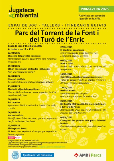 Programació cicle primavera 2025 Jugatecambienal al parc del Torrent de la Font i del Turó de l'Enric.
