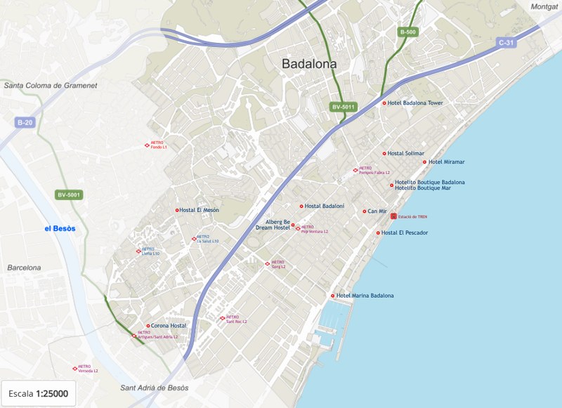 Mapa d'allotjaments a Badalona