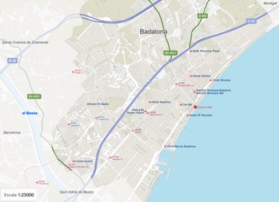 Mapa d'allotjaments a Badalona.